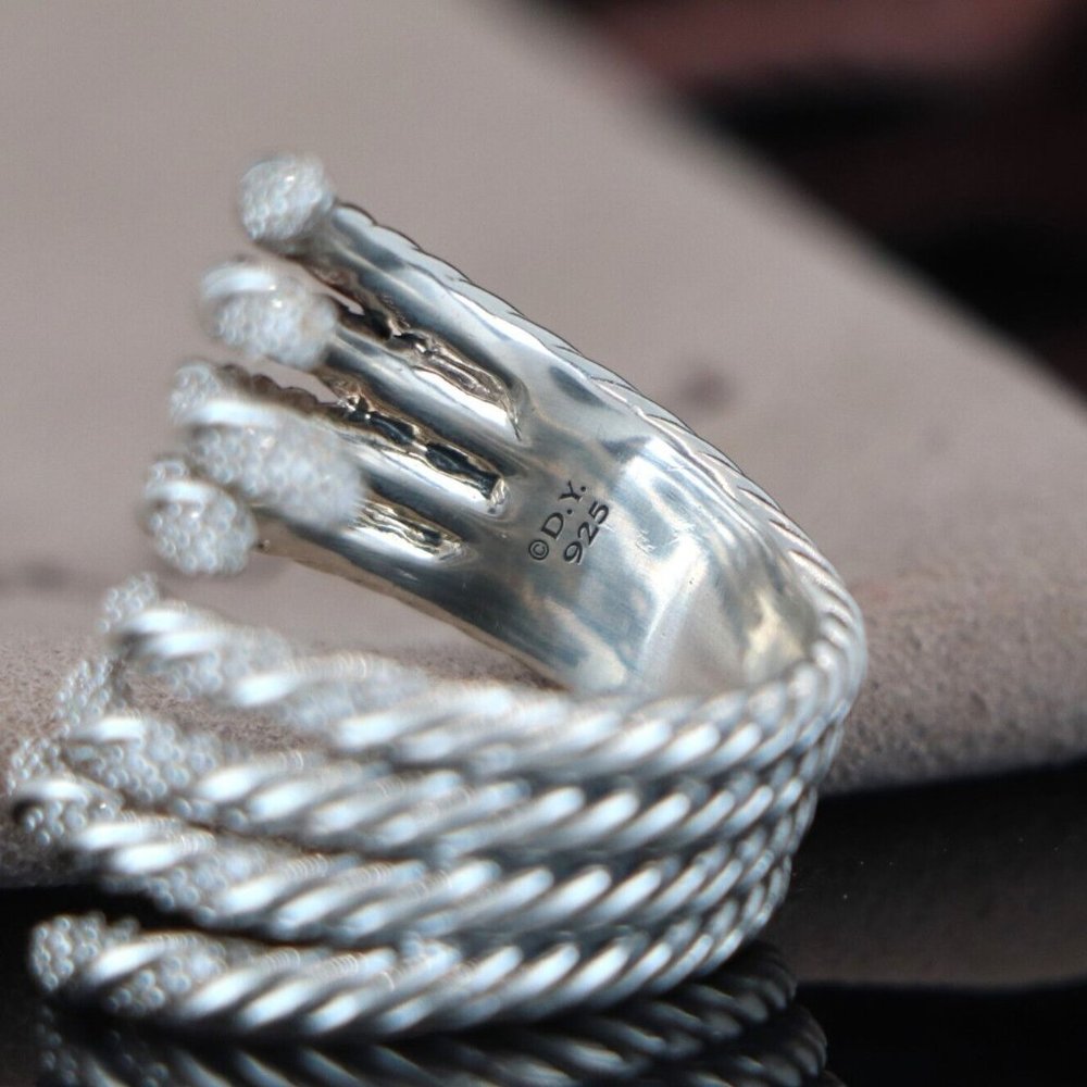 David Yurman Sterling Silver Pave Diamond 4 Row Willow Cocktail Ring Band 6 - Picture 6 of 7